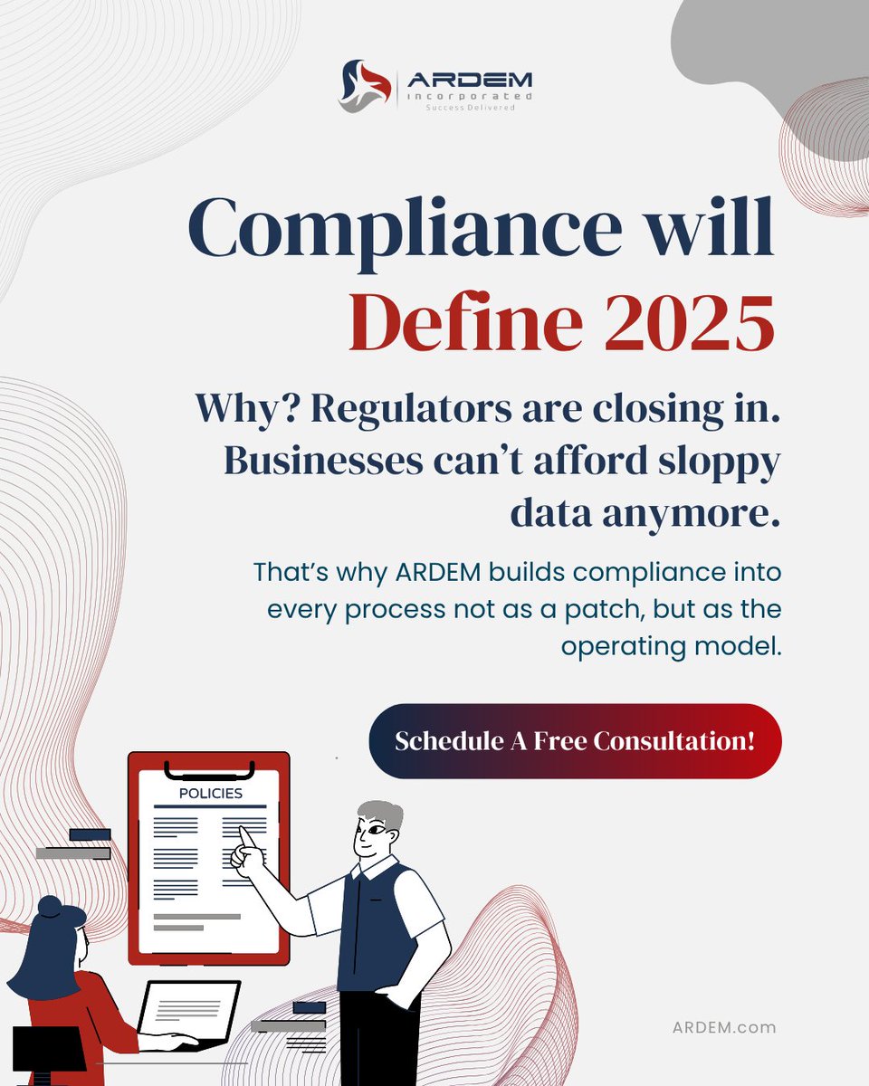 ARDEMinc's tweet image. 2025 will be the year of compliance-first outsourcing. Why? Regulators are closing in.
That’s why ARDEM builds compliance into every process not as a patch, but as the operating model.
#Compliance #RiskManagement #DataOps #BPO #RoboticProcess #ARDEM #Automation #AI