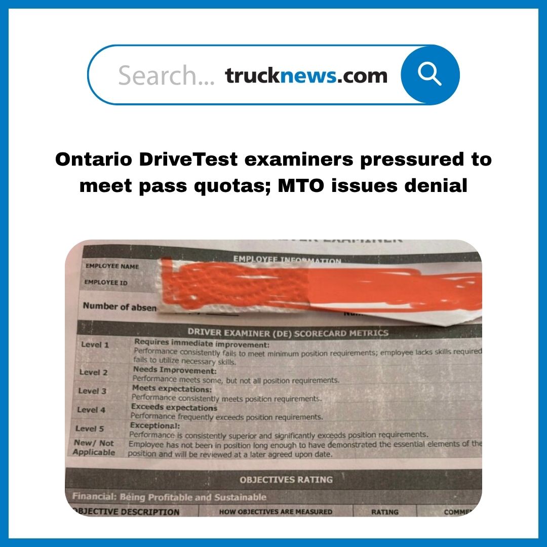 Todaystrucking's tweet image. Ontario’s #DriveTest examiners are pressured to meet quotas to pass road test applicants, trucknews.com has learnt.
trucknews.com/regulations/on…
#trucking #safety @ONtransport