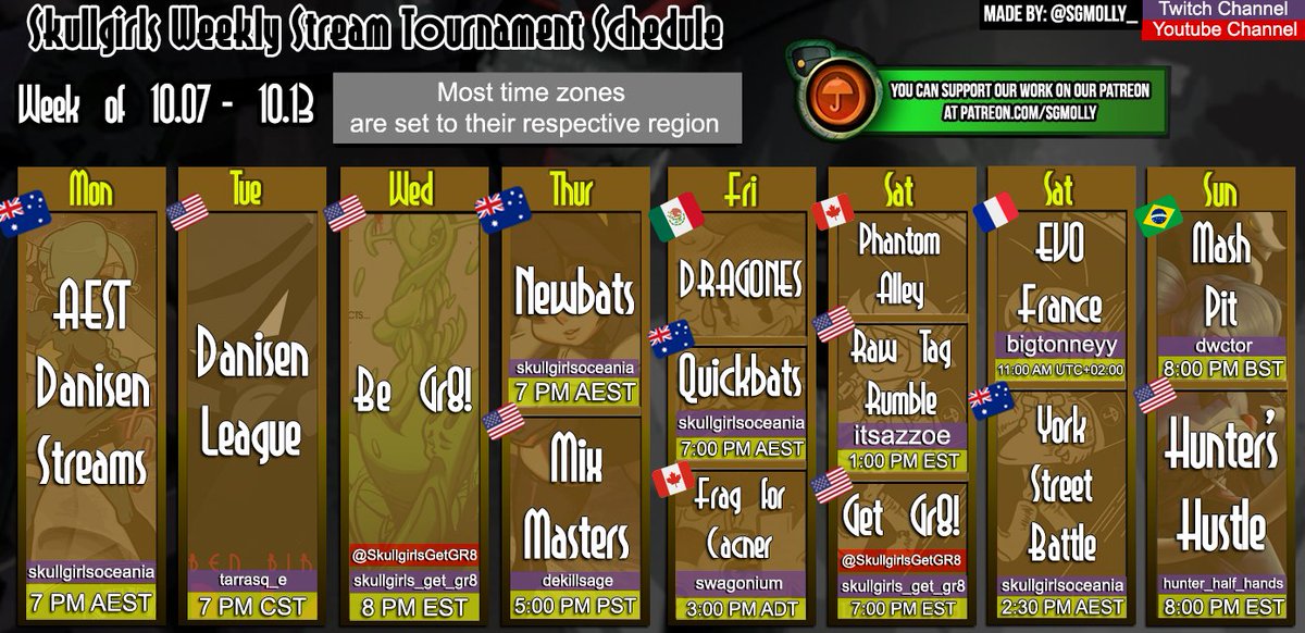 This week's #skullgirls tournaments and events are now live! Be sure to check out more information our website over at playskullgirls.gg . And be sure to tune in for <a href="/Evo/">Evo</a> France Skullgirls side tourney this Saturday! 

#playskullgirls #tournaments