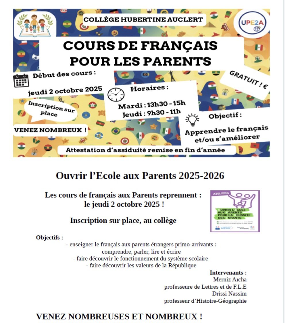 Les ateliers OEPRE ont repris à <a href="/Clg_HAuclert/">Collège Hubertine AUCLERT</a> ! Rdv au collège le mardi après-midi et le jeudi matin. Venez nombreux ! <a href="/actoulouse/">Académie de Toulouse</a> <a href="/casnav_toulouse/">CASNAV TOULOUSE</a>