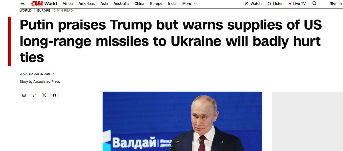iamsouravn's tweet photo. Russia's escalating nuclear rhetoric reveals strategic desperation. Putin warns Tomahawk supply would be 'qualitatively new escalation' while simultaneously claiming it 'won't change battlefield balance.' 
#StrategicOverreach #GlobalPowerDynamics https://t.co/YCWQf2WxTb