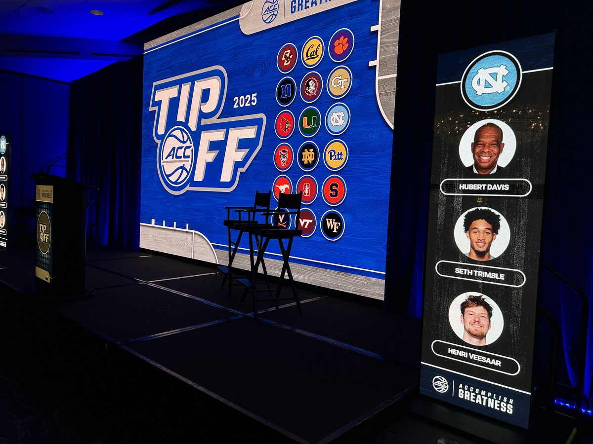 InsideCarolina's tweet image. UNC’s Hubert Davis, Seth Trimble and Henri Veesaar taking the stage in a about five minutes here at the ACC Tipoff event in Charlotte.
