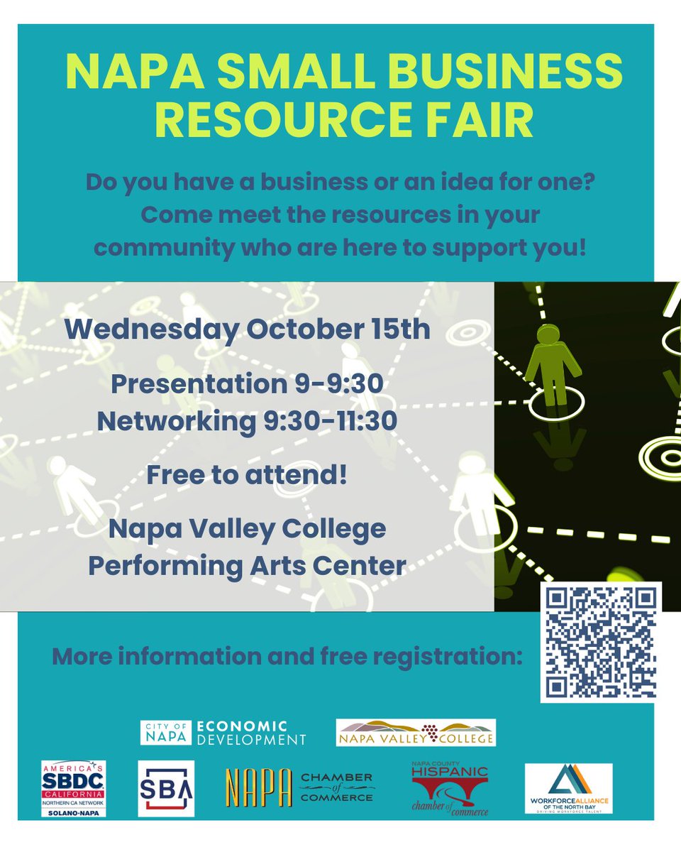 Don’t miss the Napa Small Business Resource Fair next week!
📍 Napa Valley College Performing Arts Center 
Come early for a short panel, then stay to meet resource providers and connect with professionals who support local entrepreneurs.

Free and open to all — save the date!