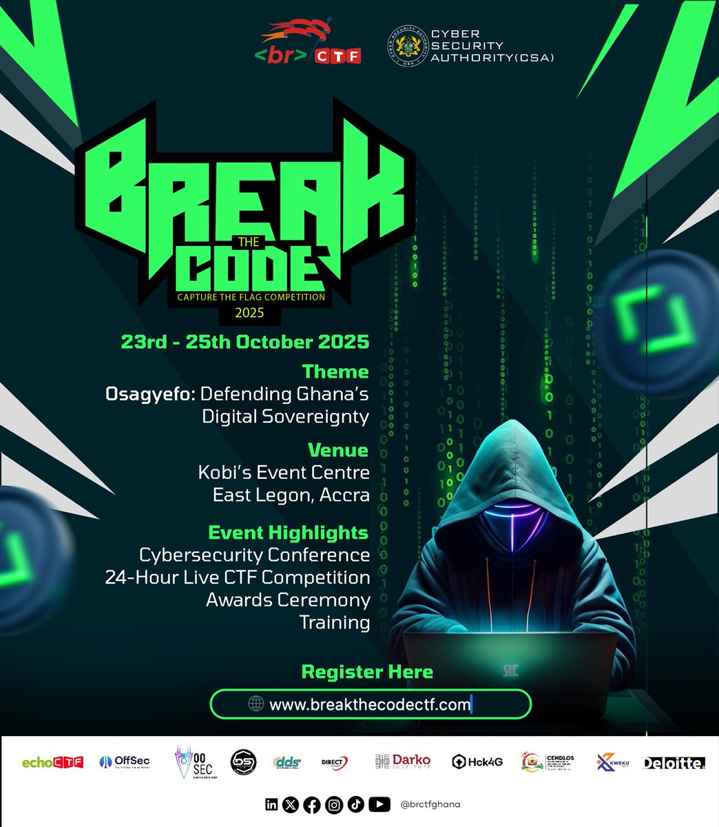 brCTF's tweet photo. The codes are set. The defenders are ready. The flag awaits.
A 3-day journey of innovation, collaboration, and competition.
Join us as we defend Ghana’s digital sovereignty this October.

#brCTF2025 #OsagyefoEdition #DigitalSovereignty #CaptureTheFlagGH #NSCAM2025 https://t.co/TzEj54RgG3