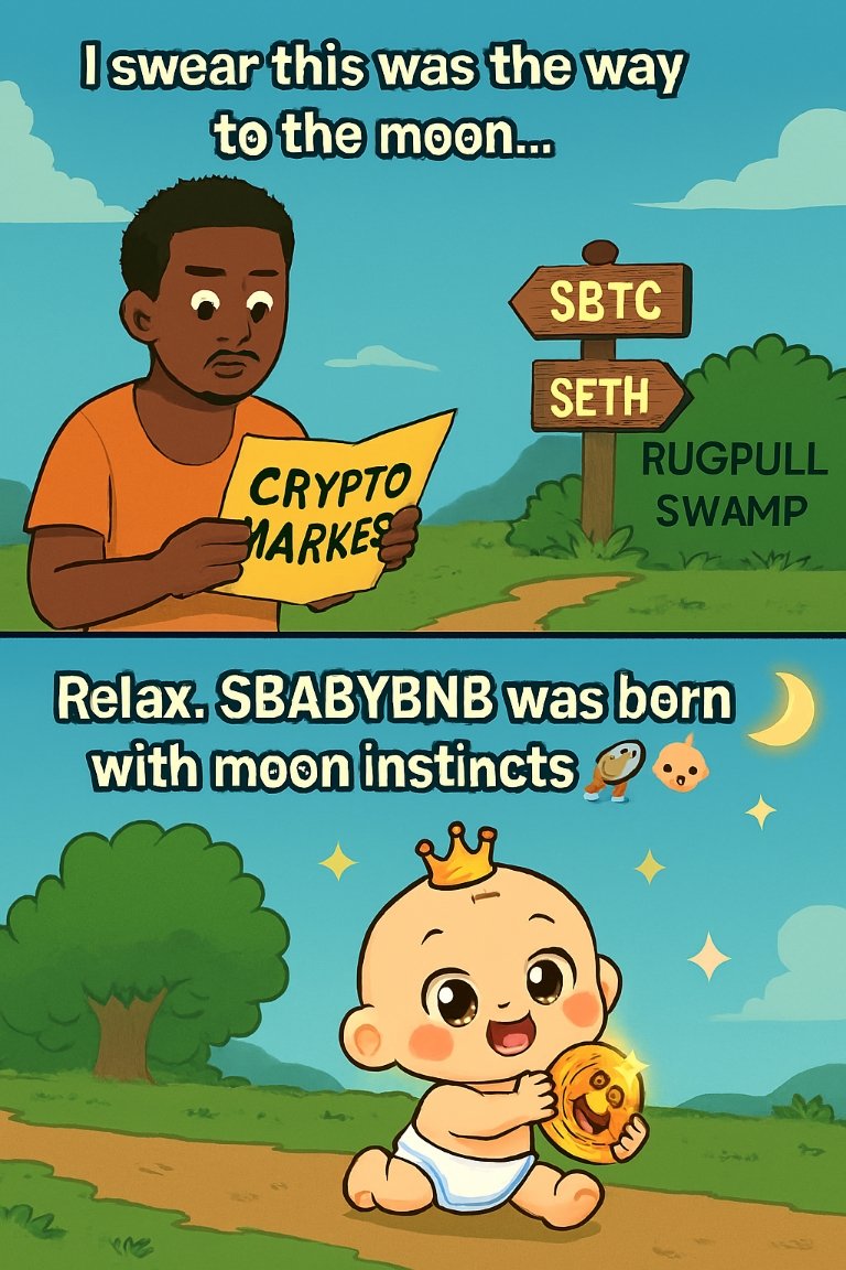 Autonomousweb3's tweet image. This meme pokes fun at crypto&apos;s chaos: a lost investor with a &quot;Crypto Markets&quot; map faces &quot;Rugpull Swamp,&quot; while a crowned &quot;$BABYBNB&quot; baby with &quot;moon instincts&quot; promises hope!