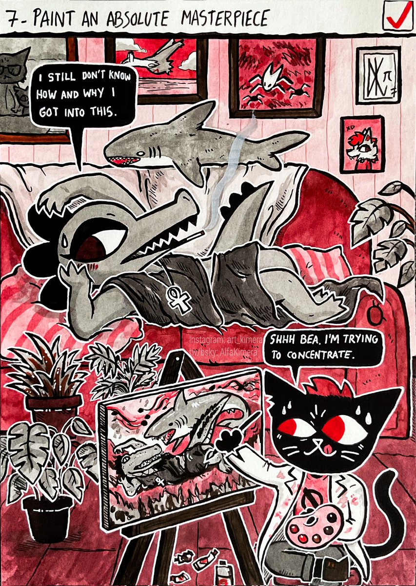 #Maetober2025 day 7: Paint
"Paint an absolute masterpiece (I had the best muse)" 🎨🐊

#nitw #nightinthewoods #maetober #drawtober #art #furryart #furry