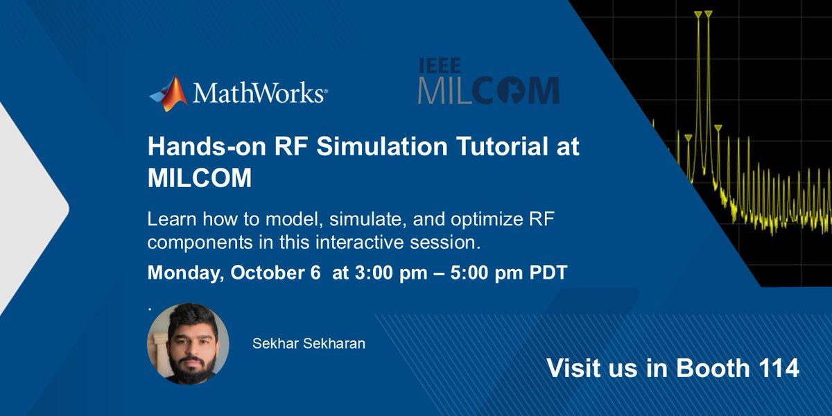 stephanvanbeek's tweet image. 🔧 Join #MathWorks at #MILCOM for a hands-on MATLAB tutorial—build, simulate, and analyze entire RF systems including antennas, nonlinear amplifiers, and RF filters. Ideal for engineers looking to master end-to-end system design.
🔗 spr.ly/6015AU7ZS