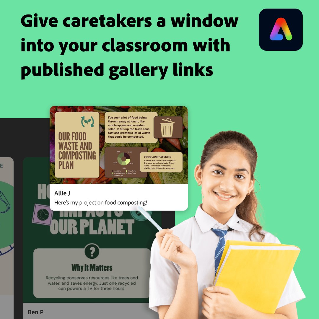 TheTechProfe's tweet image. Celebrate student creativity safely 🎨🙌
Adobe Express now lets teachers share View Only Galleries! Perfect for portfolios, parent nights & more!
#AdobeEduCreative #AdobeForEdu #AdobeExpress