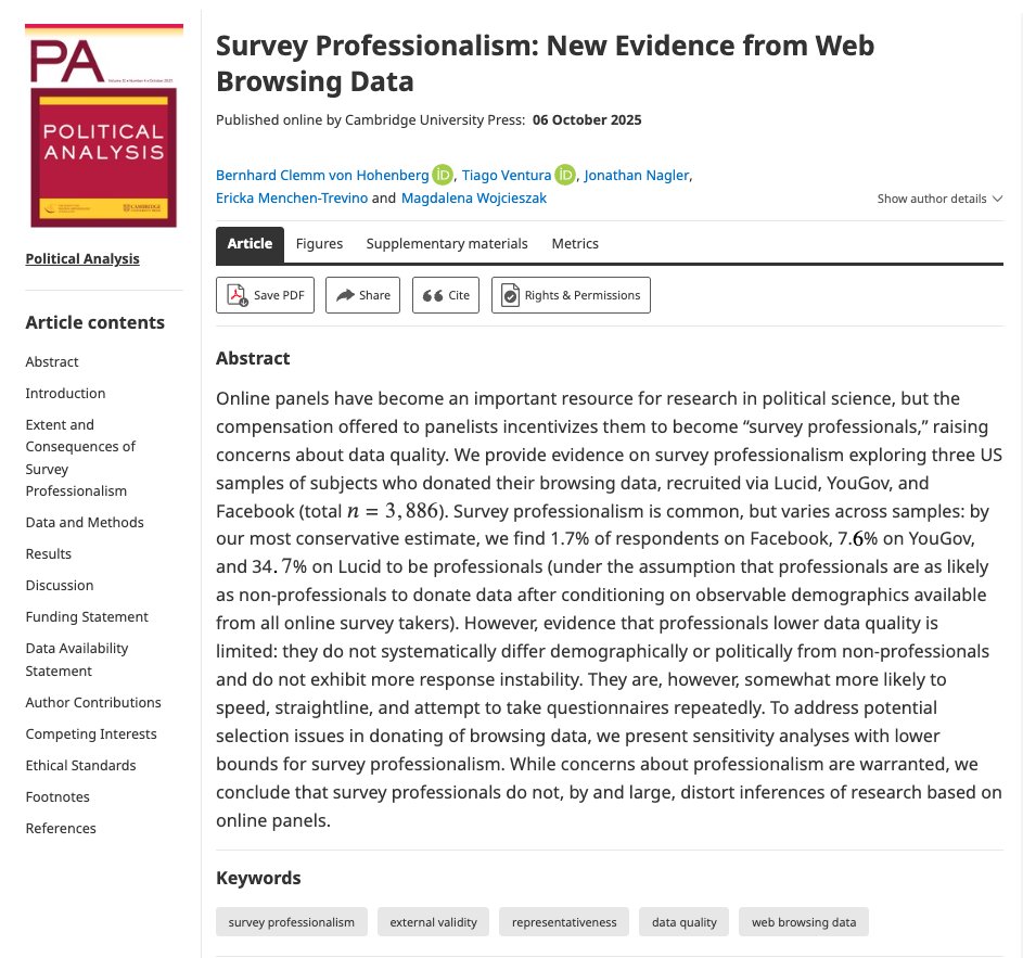 Tiago Ventura (@_tiagoventura) on Twitter photo How common are “survey professionals” - people who take dozens of online surveys for pay - across online panels, and do they harm data quality?
Our paper, first view at <a href="/polanalysis/">Political Analysis</a>, tackles this question using browsing data from three U.S. samples (Facebook, YouGov, Lucid): How common are “survey professionals” - people who take dozens of online surveys for pay - across online panels, and do they harm data quality?
Our paper, first view at <a href="/polanalysis/">Political Analysis</a>, tackles this question using browsing data from three U.S. samples (Facebook, YouGov, Lucid):