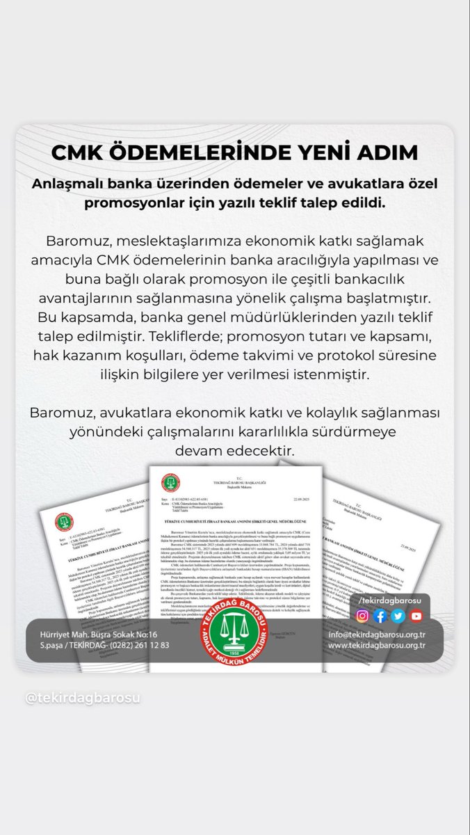 CMK ödemelerinde Avukatlara ekonomik katkı için adım attık.  #TekirdağBarosu