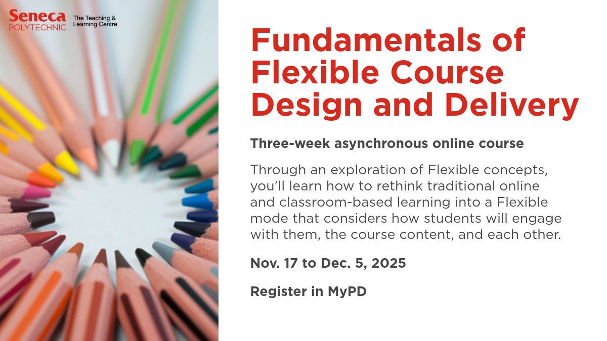 Seneca_TandL's tweet image. Flexible (HyFlex) course design empowers learners to engage in the way that works best for them — whether in person, live online, or on their own time. Learn how to design with purpose in our 3-week asynchronous #TLCcourse (Nov17–Dec5).
buff.ly/e26NtK8
#FacultyPD