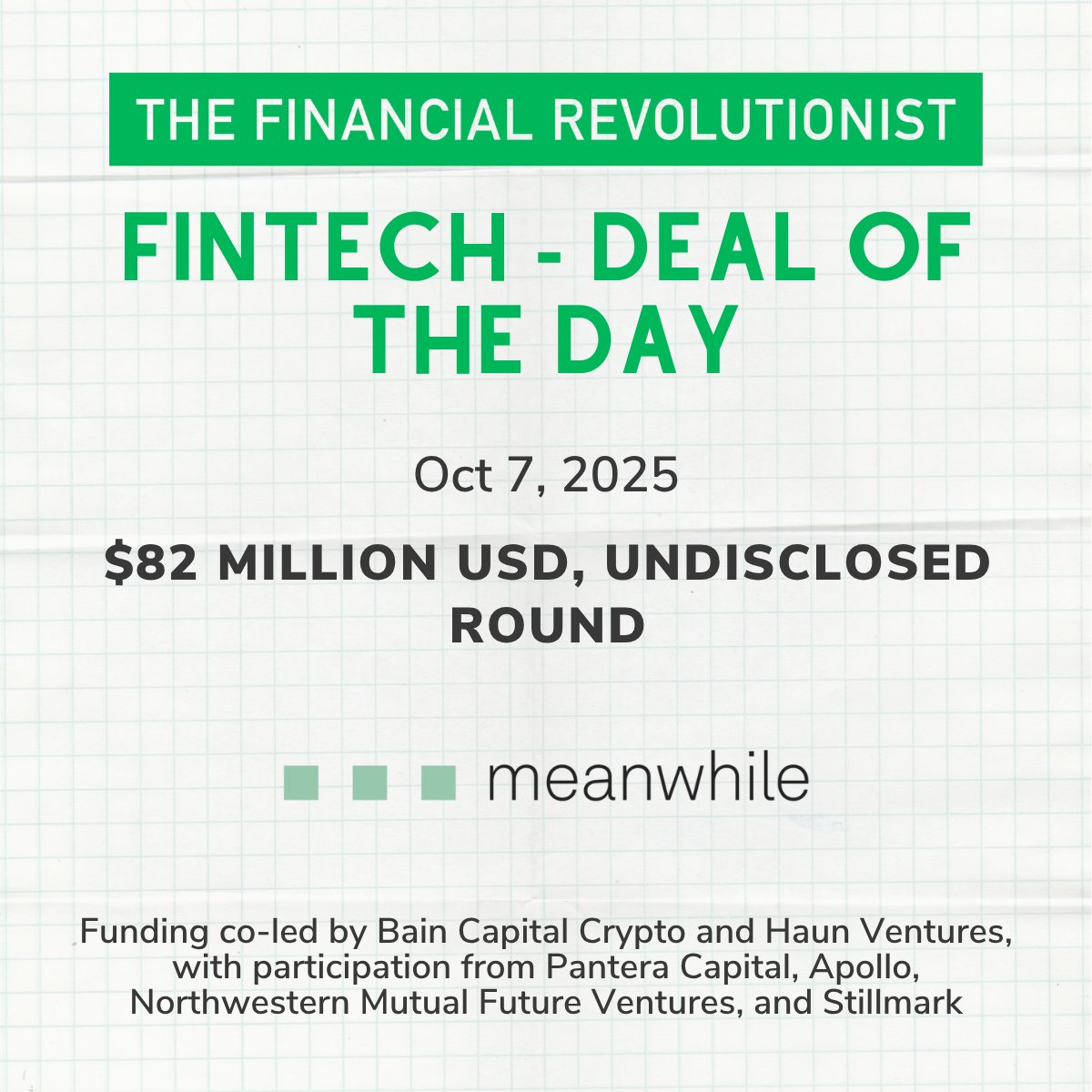 Today's #fintechdeal is for <a href="/meanwhilelife/">meanwhile | Bitcoin Life Insurance</a>, a bitcoin life insurer, which raised $82 million in an undisclosed funding round. 🚀💲💲💲

👉 Subscribe to the FR for the latest on the top #fintech deals: bit.ly/subscribe

#Insurtech