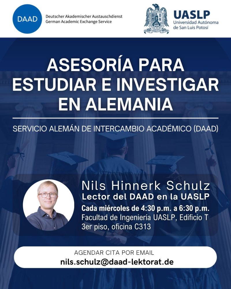 UASLP_Vinc's tweet photo. Asesorías personalizadas todos los miércoles, abiertas a toda la comunidad universitaria

🗓 Día: Todos los miércoles
🕓 Hora: de 4:30 p.m. a 6:30 p.m.
📍 Lugar: Facultad de Ingeniería UASLP, Edificio T, 3er piso, oficina C313

📩 nils.schulz@daad-lektorat.de https://t.co/pZPK13SAKn