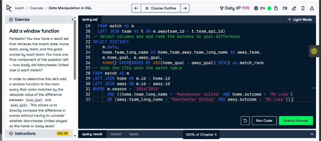 kafilat_yekeen's tweet image. Day 64 of #100DaysOfSQL
Focus: Window Functions

OVER() to calculate across rows without grouping
PARTITION BY for grouping within the window
Sliding windows for running totals, moving averages &amp;amp; rankings 

#100DaysOfCode
#DataAnalytics