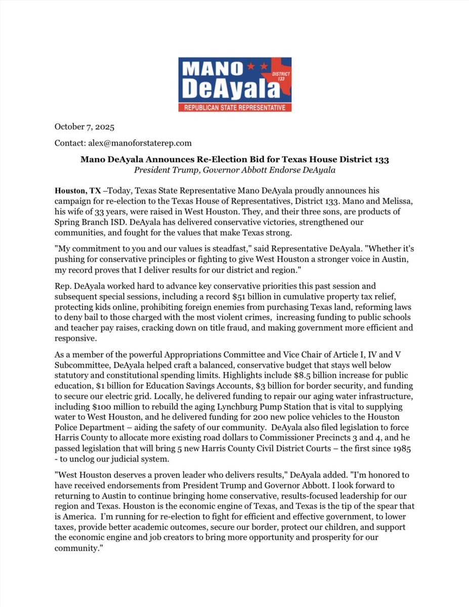 Mano DeAyala (@manoforstaterep) on Twitter photo Mano DeAyala Announces Re-Election Bid for Texas House District 133 #txlege #hd133 Mano DeAyala Announces Re-Election Bid for Texas House District 133 #txlege #hd133