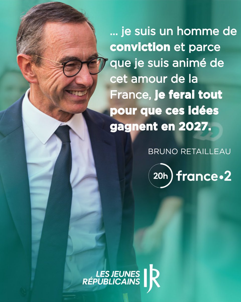 jeunesreps's tweet photo. « Je suis un homme de conviction et parce que je suis animé de cette amour de la
France, je feral tout pour que ces idées gagnent en 2027. » 🇫🇷

@BrunoRetailleau sur le 20H de @Francetele 🔵 https://t.co/nSLpLe6acQ
