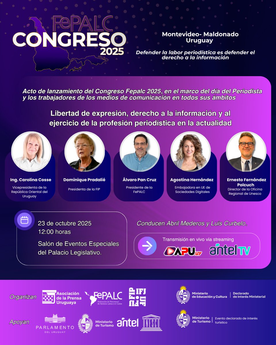 CONGRESO FEPALC 2025

Defender la labor periodística es defender el derecho a la información.

🗓️ 23, 24 y 25 de octubre
📍Montevideo y Punta Ballena, Uruguay 

➡️ Lanzamiento: 23/10 | 15 hs | Palacio Legislativo - Con transmisión vía streaming