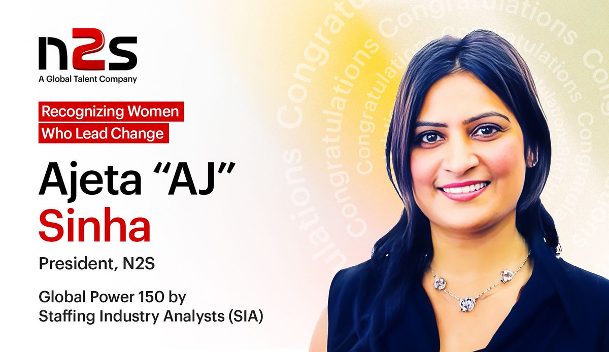 n2s_global's tweet image. We’re proud to share that Ajeta Sinha, President of Net2Source (N2S), has been named to the 2025 Global Power 150 – Women in Staffing list by Staffing Industry Analysts (SIA)! 
Congratulations, AJ, on this well-deserved recognition!
#GlobalPower150 #WomenInStaffing #Net2Source