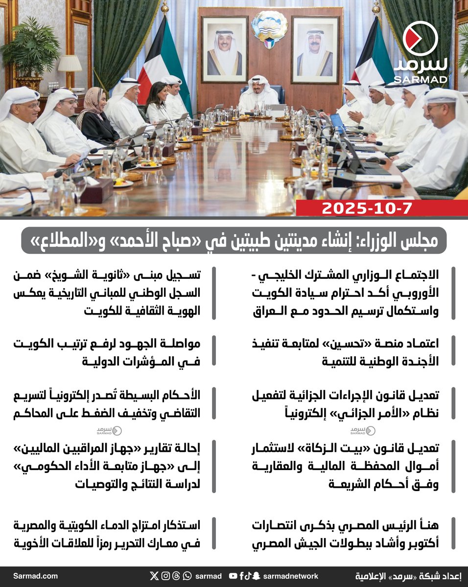 #إنفوجراف_سرمد | #مجلس_الوزراء: إنشاء مدينتين طبيتين في «#صباح_الأحمد» و«#المطلاع»

• تسجيل مبنى «#ثانوية_الشويخ» ضمن السجل الوطني للمباني التاريخية يعكس الهوية الثقافية للكويت

• تعديل #قانون_الإجراءات_الجزائية لتفعيل نظام «الأمر الجزائي» إلكترونياً

• تعديل قانون