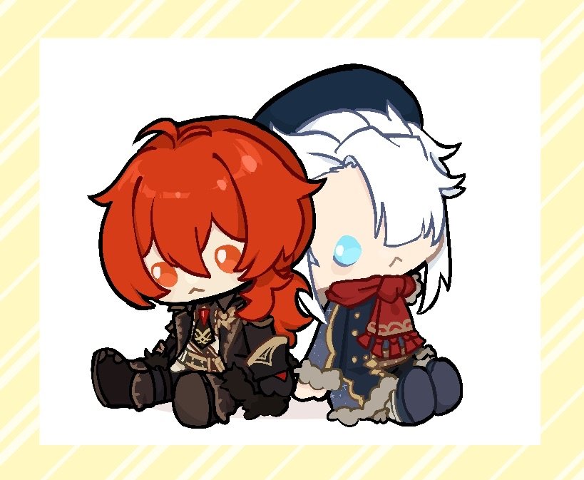 TheFiveTimely's tweet photo. Diluc x Niko
Ough the babies,,

Art by @/eggyolc_ 
°.✩┈┈∘*┈🌙┈*∘┈┈✩.°
#genshinyume #frozenflames #diluc https://t.co/Vi3aIhgBLr