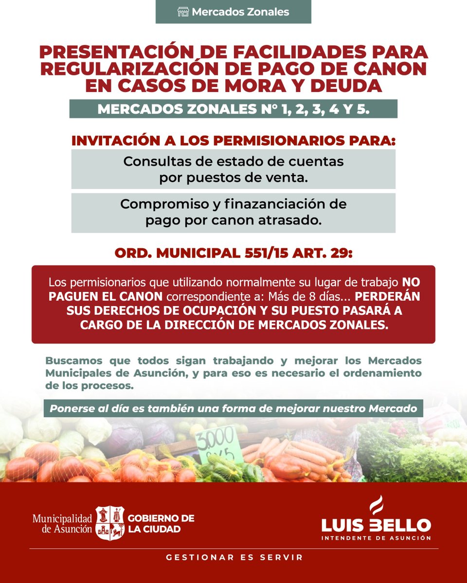 Invitamos a todos los permisionarios de los Mercados Municipales a acceder a las facilidades de Regularización de Pago de Canon en casos de MORA y DEUDA.
Acercate a la Administración de cada Mercado p/ las gestiones.

PONERSE AL DÍA ES TAMBIÉN UNA FORMA DE MEJORAR NUESTRO MERCADO