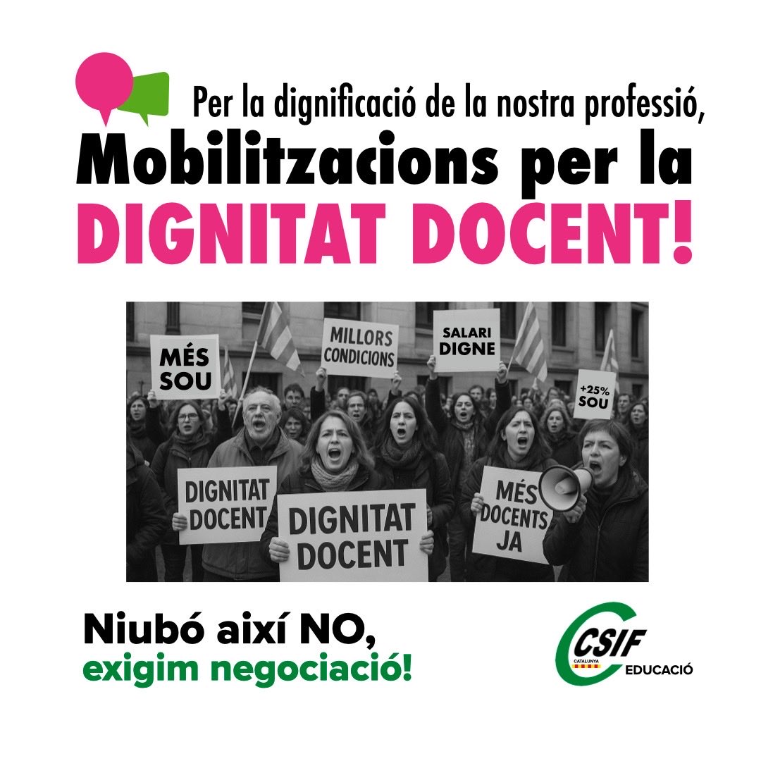 csifeducaciocat's tweet image. ✊ 15 de novembre: mobilitzem-nos per defensar l’educació pública i la dignitat laboral
Des de CSIF Educació Catalunya donem suport a la manifestació i fem una crida a obrir un front comú i decidit.
#DignitatDocent #EducacióPública #15N