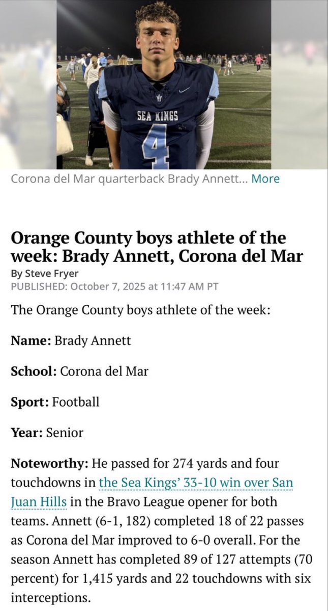Brady Annett (@bradyannett2) on Twitter photo Grateful to be the <a href="/ocvarsity/">ocvarsity</a> athlete of the week!! More to come.. <a href="/CDMFOOTBALL/">CDM Football</a> <a href="/ocvarsityguy/">Dan Albano</a> <a href="/ArmedDangerQBS/">Armed&Dangerous QB</a> <a href="/GregBiggins/">Greg Biggins</a> <a href="/adamgorney/">Adam Gorney</a> <a href="/alecsimpson5/">Alec Simpson</a> <a href="/Sunset_Rewind/">Sunset Rewind</a> Grateful to be the <a href="/ocvarsity/">ocvarsity</a> athlete of the week!! More to come.. <a href="/CDMFOOTBALL/">CDM Football</a> <a href="/ocvarsityguy/">Dan Albano</a> <a href="/ArmedDangerQBS/">Armed&Dangerous QB</a> <a href="/GregBiggins/">Greg Biggins</a> <a href="/adamgorney/">Adam Gorney</a> <a href="/alecsimpson5/">Alec Simpson</a> <a href="/Sunset_Rewind/">Sunset Rewind</a>
