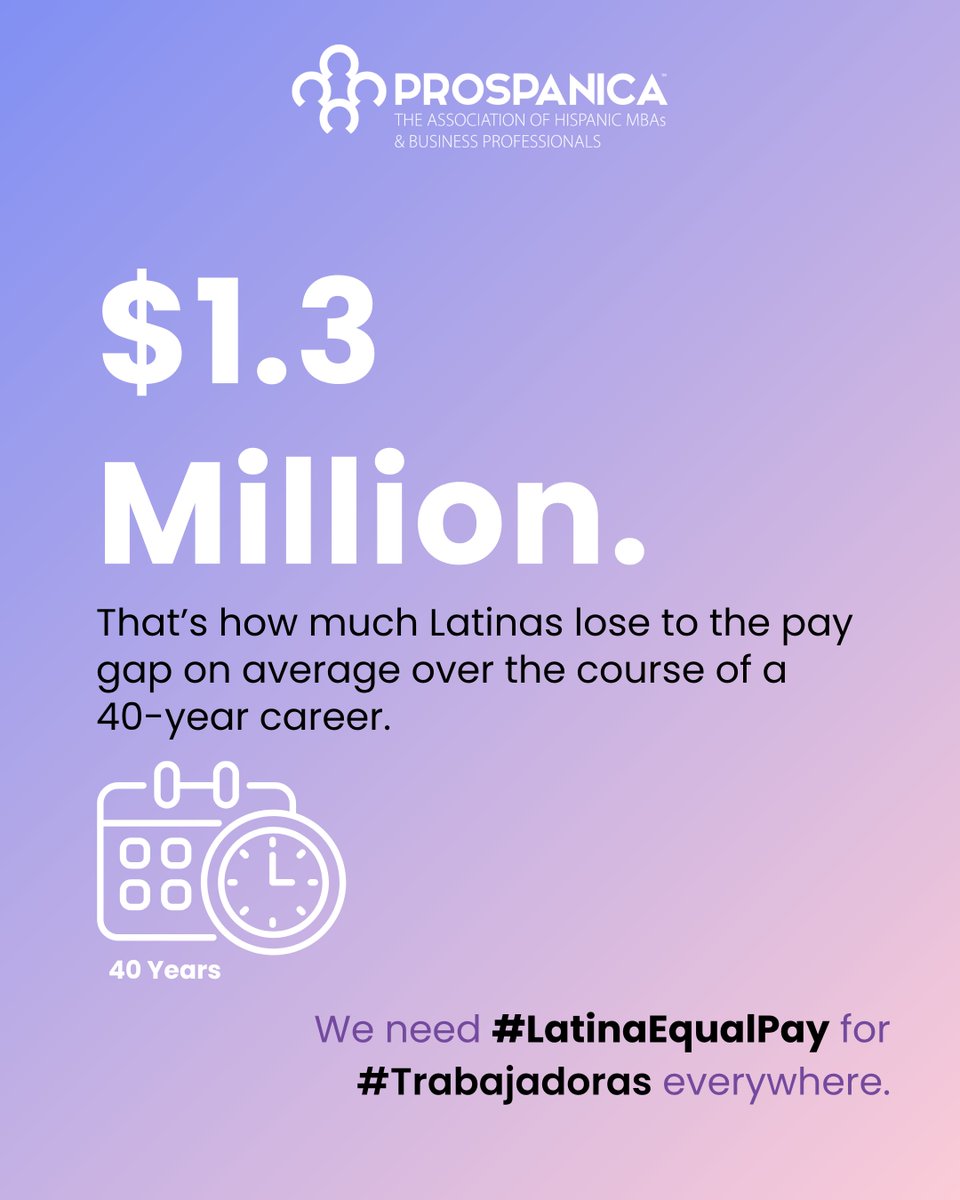 Prospanica's tweet image. Latinas are still facing a significant 💵 pay gap, and the impact is staggering. On average, Latinas earn just over half of what white, non-Hispanic men make, and for Guatemalan and Honduran Latinas, the gap is even wider. Over a 40-year career, this can add up to over $1.3…