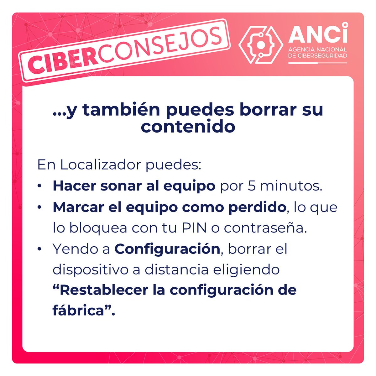 ANCIChile's tweet image. 📱 En septiembre compartimos en #Ciberconsejos instrucciones para bloquear y borrar un iPhone a distancia, ante robo o pérdida. Y prometimos que haríamos una igual para los #Android. ¡Aquí está!

📍 Para descargar y compartir: anci.gob.cl/ciberconsejos/…

#ANCI #ciberseguridad
