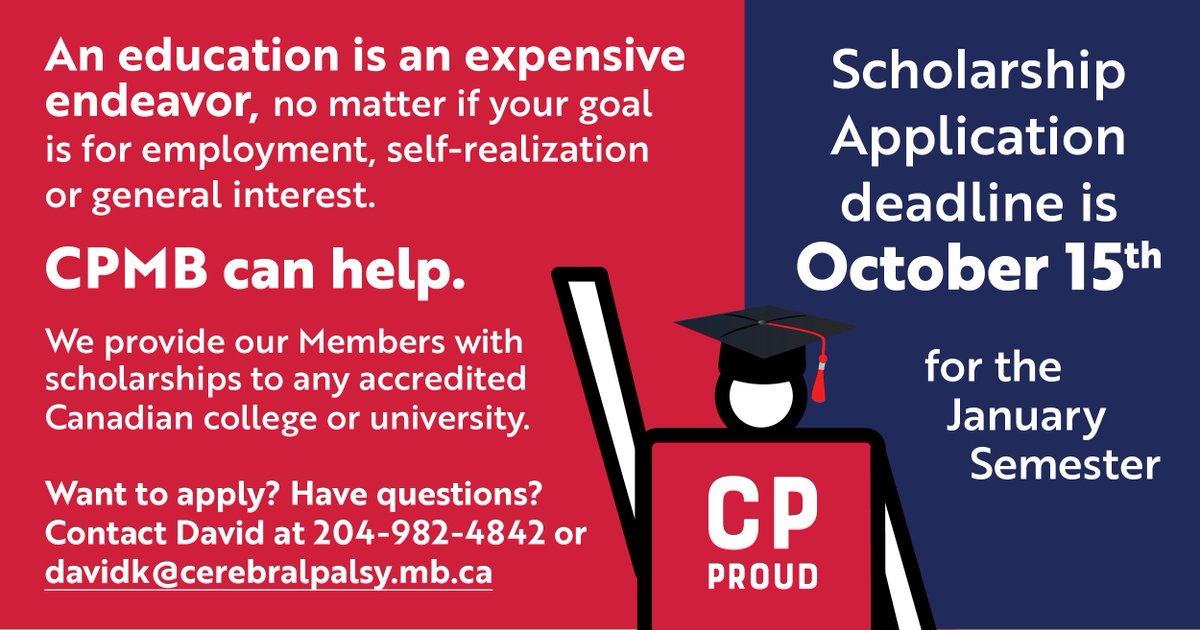 CerebralPalsyMB's tweet image. An education is an expensive endeavor. CPMB can help. We provide Members w/scholarships to any accredited Canadian college/university. Want to apply? Contact David at 204-982-4842 or davidk@cerebralpalsy.mb.ca Application deadline is Oct 15th for the January Semester. #CPProud