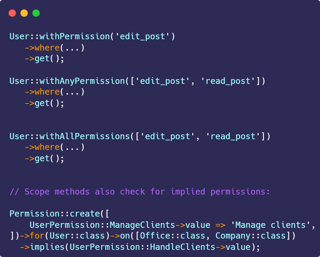 Larallow 1.1 released with new query methods and a bunch of fixes.

These scope methods check both direct and roles permissions as well as implied permissions.

github.com/edulazaro/lara…