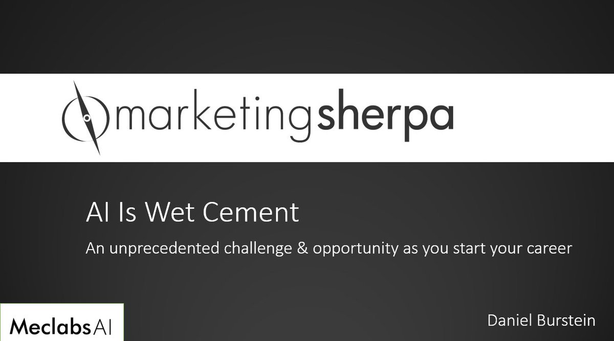 Daniel Burstein (@danielburstein) on Twitter photo AI is Wet Cement: An unprecedented challenge & opportunity as you start your career
What should I tell college students in this session?
I'm building the slides now, and will be presenting in MMC4930: Human and AI at <a href="/UofNorthFlorida/">University of North Florida</a> during <a href="/unfcomm/">UNF Comm</a> MediaWeek
#Jacksonville #AI AI is Wet Cement: An unprecedented challenge & opportunity as you start your career
What should I tell college students in this session?
I'm building the slides now, and will be presenting in MMC4930: Human and AI at <a href="/UofNorthFlorida/">University of North Florida</a> during <a href="/unfcomm/">UNF Comm</a> MediaWeek
#Jacksonville #AI