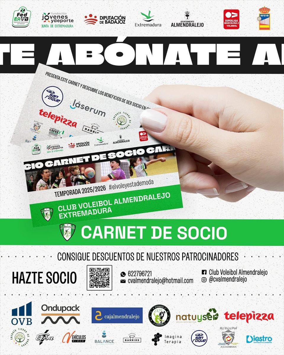 🏐 𝐄𝐋 𝐕𝐎𝐋𝐄𝐈𝐁𝐎𝐋 𝐒𝐀𝐂𝐀 𝐒𝐔 𝐂𝐀𝐌𝐏𝐀Ñ𝐀 𝐃𝐄 𝐀𝐁𝐎𝐍𝐀𝐃𝐎𝐒

Ya está en marcha la nueva Campaña de Socios y Abonados del Club Voleibol Almendralejo

Por solo 20 € podrás disfrutar de todos los partidos en casa durante la temporada 2025-2026 en el Pabellón San