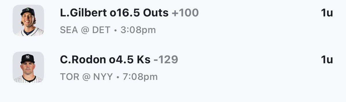 Carlos Rodón o4.5 Ks (-129) — vs TOR
Logan Gilbert o16.5 Outs (+100) — @ DET

Both have strong pitch mix matchups + solid leash potential. 💪
#MLB #PlayerProps #PrizePicks