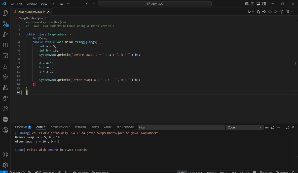 Argekar077's tweet image. 🚀 Day 26 of #100DaysOfCode
Today I practiced Java DSA with 3 small but useful problems:
1️⃣ Remove the last digit of a number
2️⃣ Check if a number is a power of 2
3️⃣ Swap two numbers without using a third variable
#Java #DSA