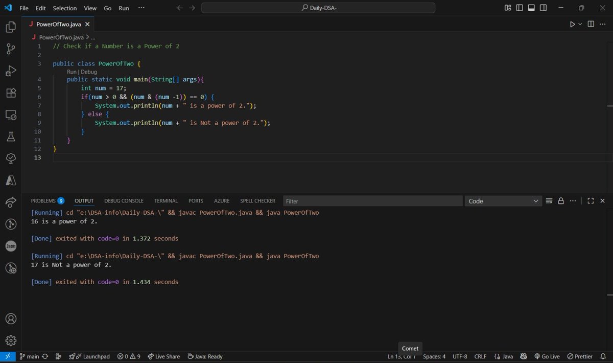 Argekar077's tweet image. 🚀 Day 26 of #100DaysOfCode
Today I practiced Java DSA with 3 small but useful problems:
1️⃣ Remove the last digit of a number
2️⃣ Check if a number is a power of 2
3️⃣ Swap two numbers without using a third variable
#Java #DSA