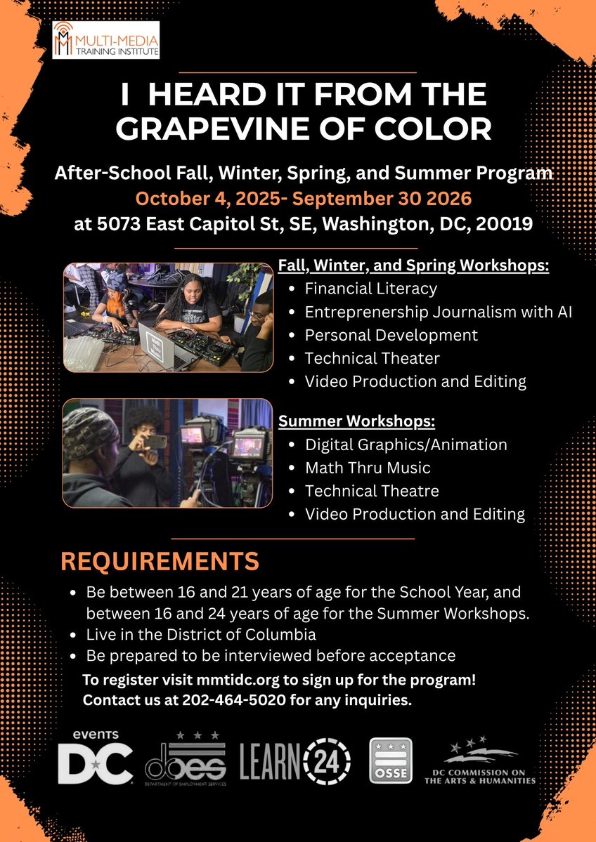 mmtidc's tweet image. 🎬✨ Calling all DC youth!
Join MMTI’s After-School & Summer Program — “I Heard It from the Grapevine of Color” starting Oct 4, 2025!