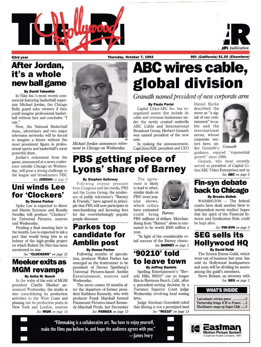 The Hollywood Reporter
Volume CCXXIX No. 11 October 7, 1993
#Jumpman #AirJordan #MichaelJordan #Jordan #Mj #ChicagoBulls #Chicago #Bulls #NBA #Mj23Covers
