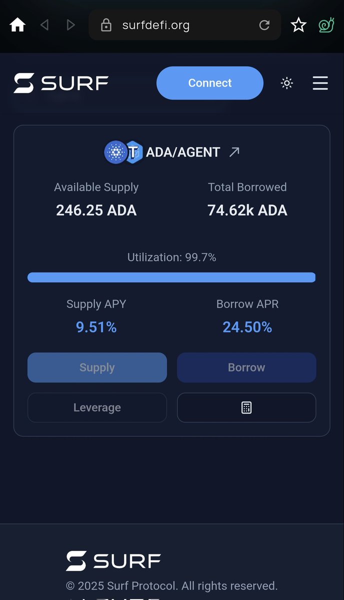 $phillerino🐍 (@phillerino) on Twitter photo The AGENT pool on Surf is in need of more $ADA liquidity!
You can currently earn 9.5% APY on your ADA by supplying there! Even more if borrow positions get liquidated 🤑 The AGENT pool on Surf is in need of more $ADA liquidity!
You can currently earn 9.5% APY on your ADA by supplying there! Even more if borrow positions get liquidated 🤑