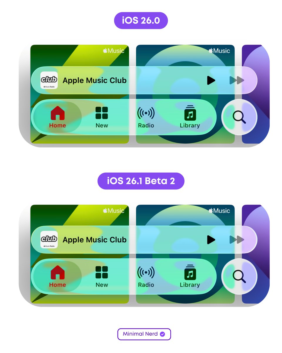 minimalnerd1's tweet image. Liquid Glass in the Music app has not changed on iOS 26.1 Beta 2