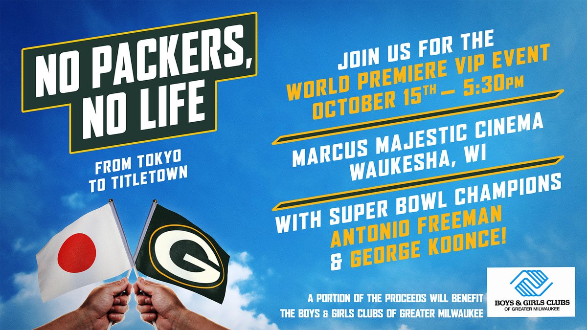 Join us for the World Premiere of <a href="/nopackersnolife/">nopackersnolife</a> next week! Meet Super Bowl champions Antonio Freeman <a href="/afreeman86/">Antonio Freeman</a> and George Koonce who will be joining us along with members of the Japanese Packers Cheering Team! Get your tickets now: eventbrite.com/e/no-packers-n…