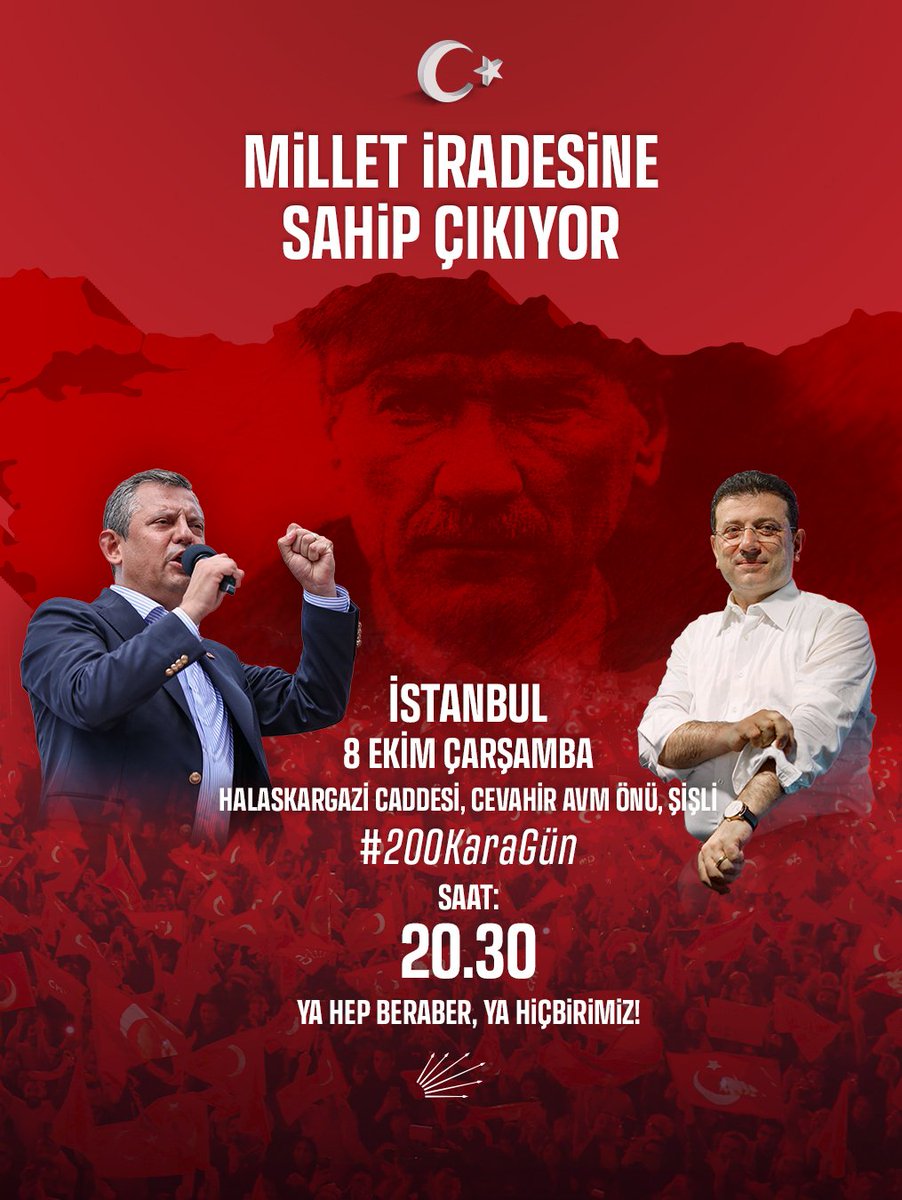 19 Mart darbesinin 200. gününde; yine meydanlardayız, yine eylemdeyiz, Şişli’deyiz! 

Cumhurbaşkanı adayımız Ekrem İmamoğlu ve tüm siyasi tutsaklar özgürlüğüne kavuşana kadar vazgeçmeyeceğiz!

Bir adım geri atmayacağız!
Bir kelime eksik konuşmayacağız!
Bir santim eğilmeyeceğiz!