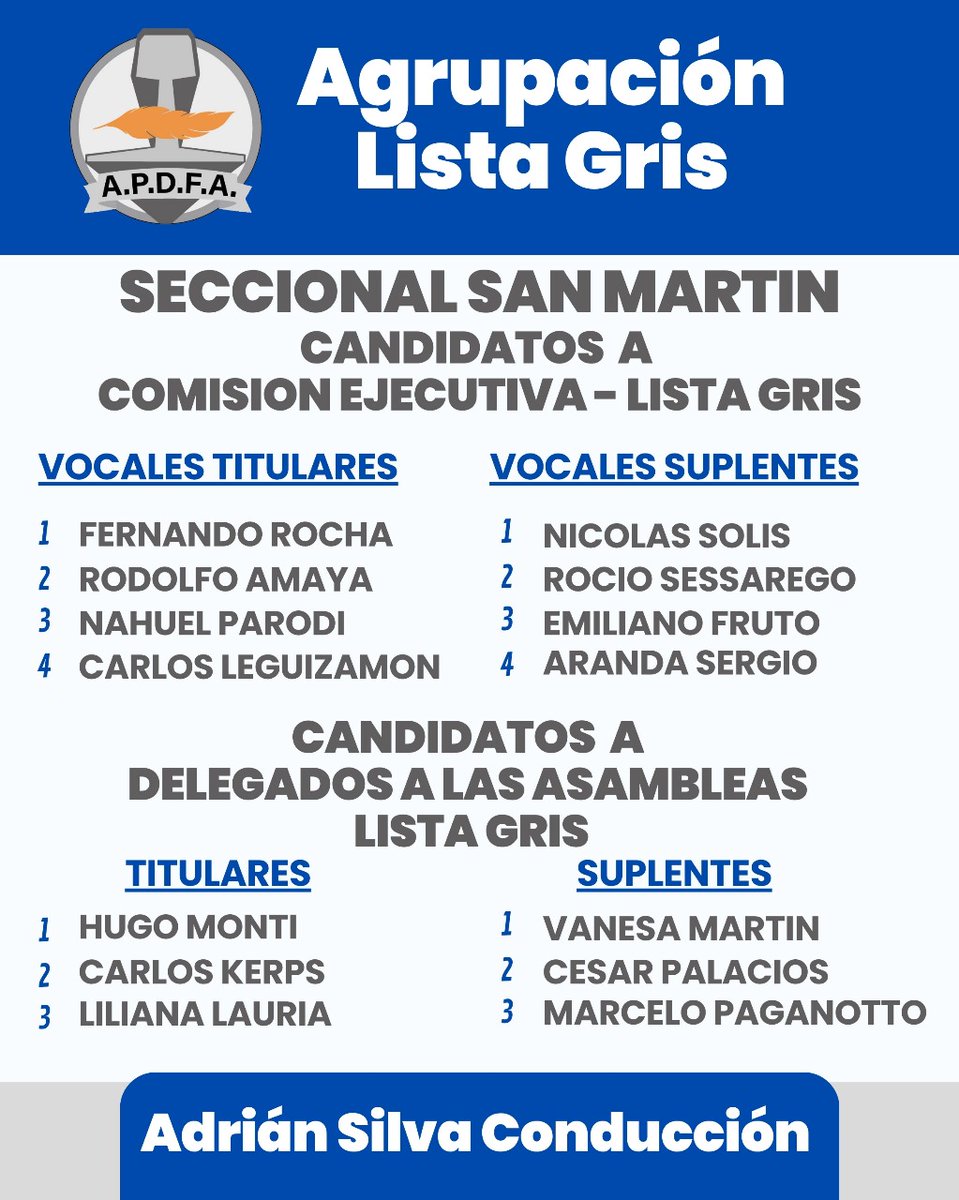 Candidatos a Comisión Ejecutiva Seccional San Martin Metropolitana 
El 27/11/2025 votá Lista Gris 🩶🩶🩶
#SilvaConduccion
#LaListaEsGris