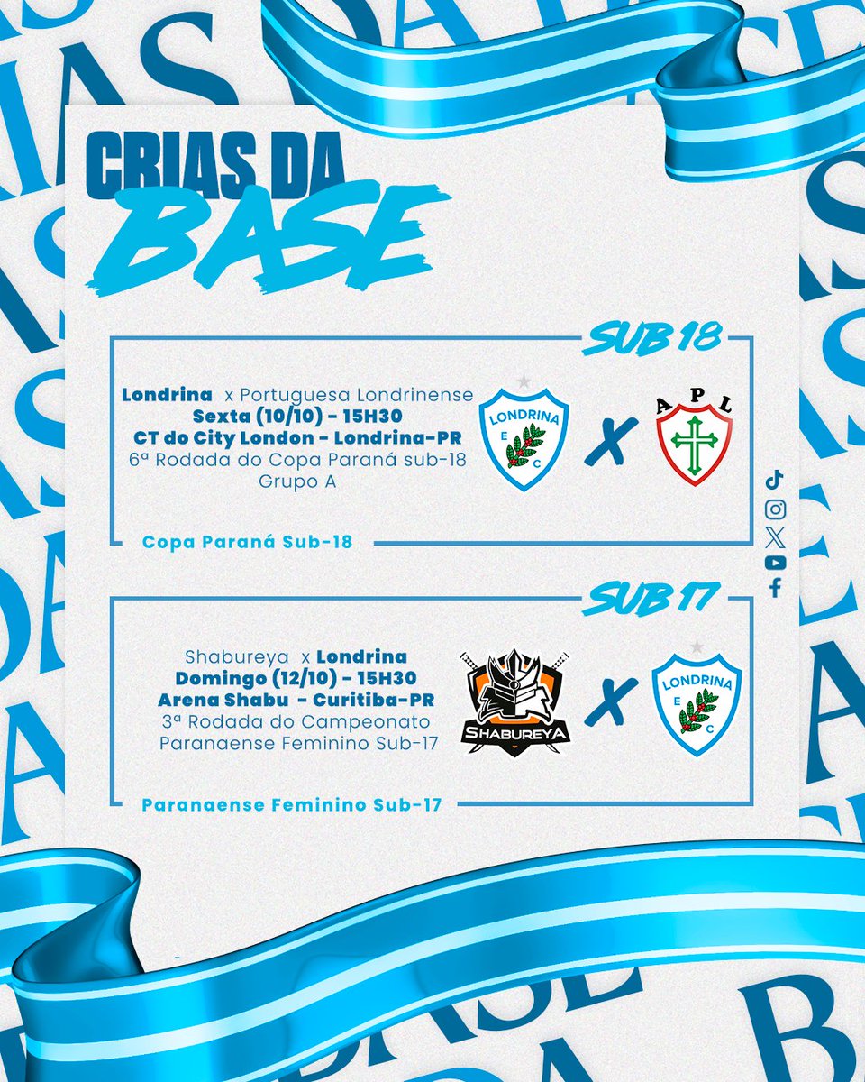 LondrinaEC's tweet photo. 🦈⚽ CRIAS DA BASE! Nesta semana, a nossa categoria sub-18 entra em campo pela Copa Paraná sub-18 e nossa equipe feminina pelo Campeonato Paranaense sub-17!

#VamosPraCimaTubarão #LondrinaEC #LEC #CriasdaBase https://t.co/DH9749ok3F