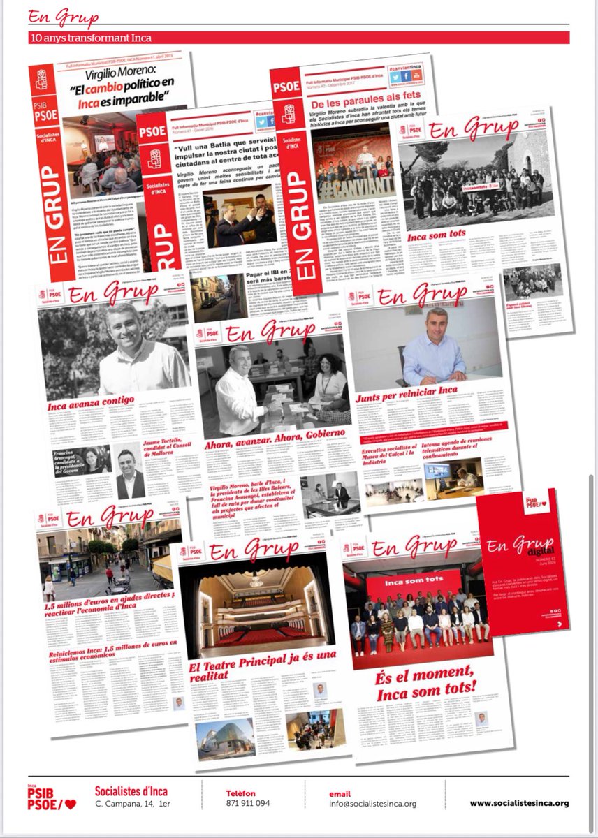 SocialistesInca's tweet photo. 🗞️🗞️ La revista dels @SocialistesInca ja és al carrer per commemorar els deu anys de @Virgilio_Moreno al capdavant de la batlia d'Inca i la transformació de la nostra ciutat. #IncaSomTots https://t.co/anXAqEWAzk