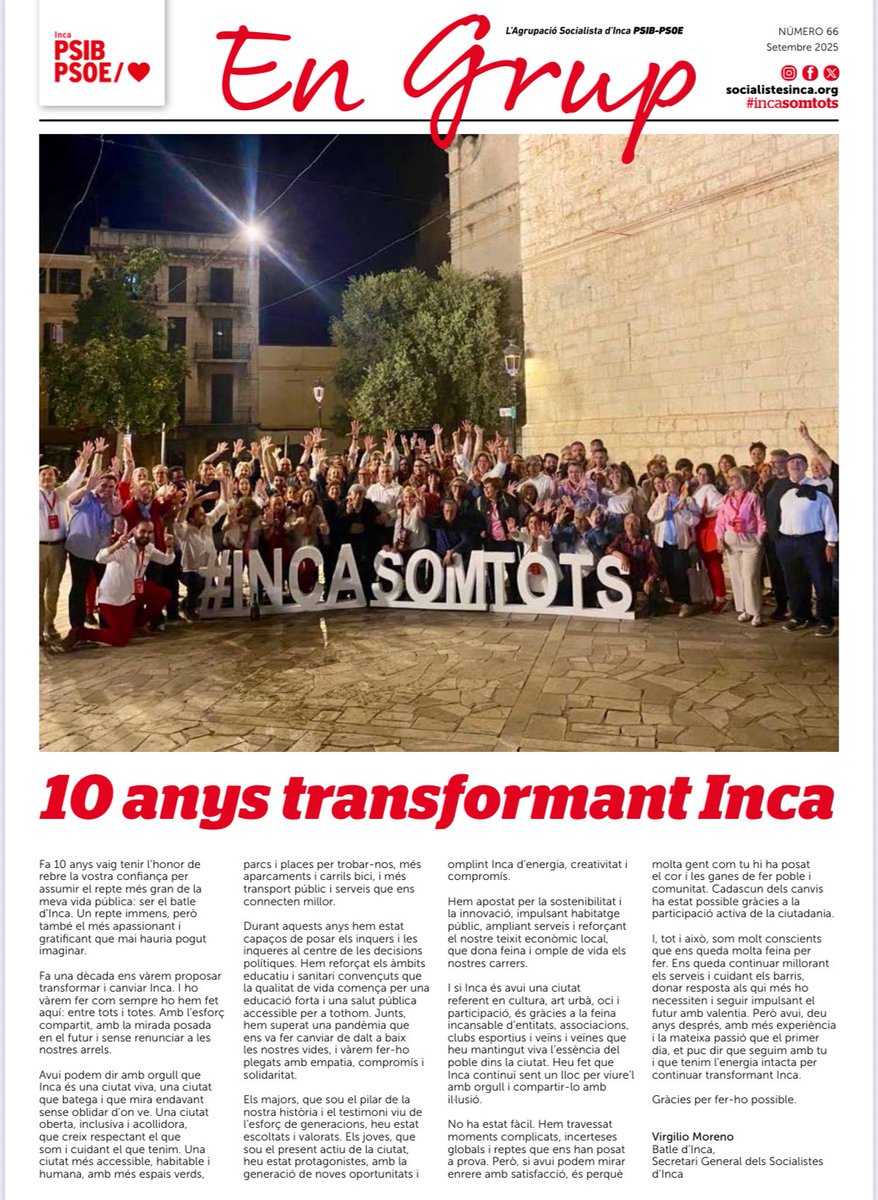 SocialistesInca's tweet photo. 🗞️🗞️ La revista dels @SocialistesInca ja és al carrer per commemorar els deu anys de @Virgilio_Moreno al capdavant de la batlia d'Inca i la transformació de la nostra ciutat. #IncaSomTots https://t.co/anXAqEWAzk