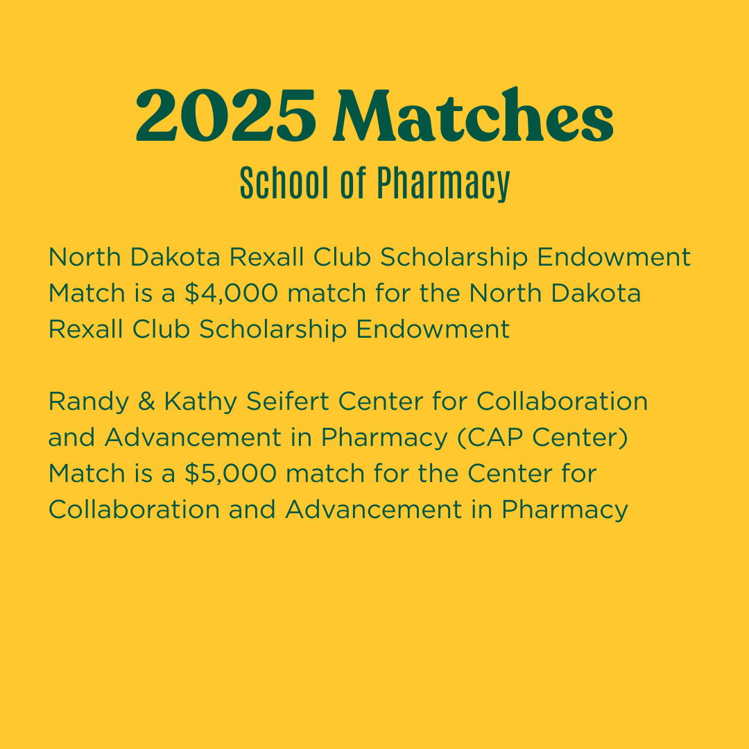 #NDSUGivingDay is a week away, but early giving has already begun! Your gift supports students, programs, scholarships, and the future of North Dakota State University!

Here are some of the matches for the School of Pharmacy! Give early: lnkd.in/gxxEeXYB