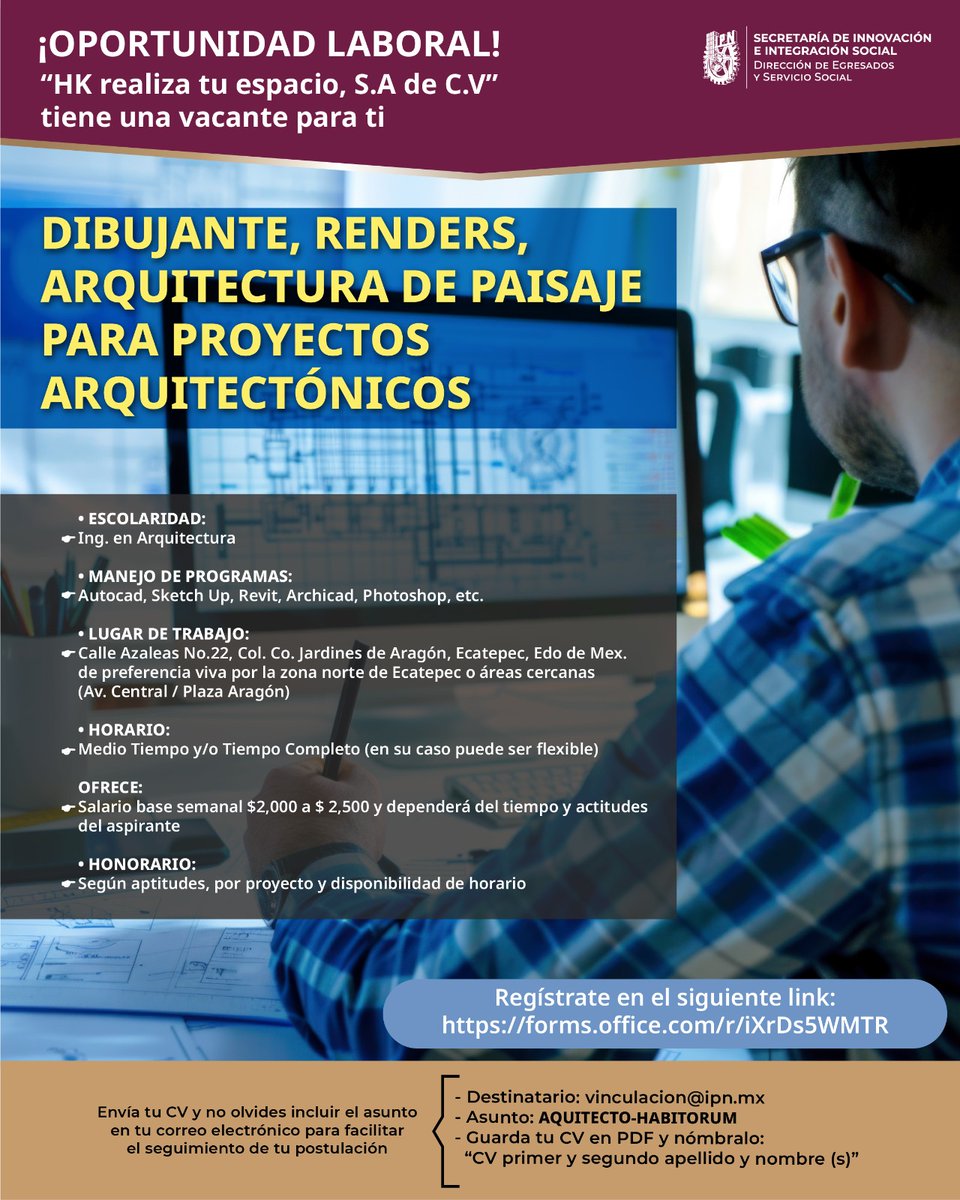 siboltra's tweet photo. ¡Tu talento politécnico puede dar forma a grandes proyectos! ✨🎓
👀HK Realiza tu Espacio, S.A. de C.V. busca:
Dibujante / Renderista / Arquitectura de Paisaje
⬇️Revisa los detalles en el banner⬇️
📩vinculacion@ipn.mx
Asunto: ARQUITECTO-HABITORUM
📲https://t.co/gD81WGMBst https://t.co/RctZBvy7bv