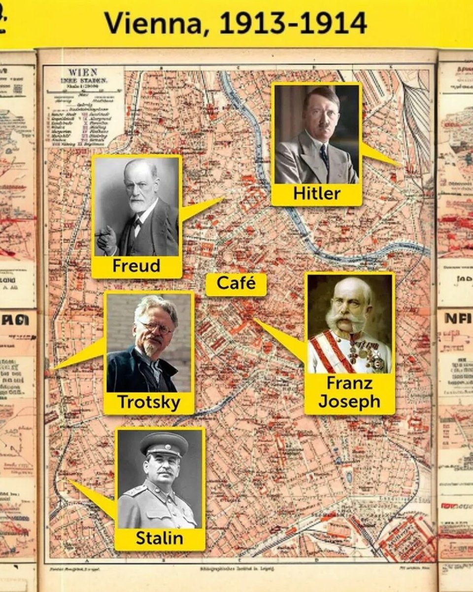 endodanli's tweet photo. Cinco futuros rivales compartían vecindario sin sospecharlo. En la víspera de la Primera Guerra Mundial, Hitler dormía en una pensión barata, casi una casa de paso; Stalin y Trotski cruzaban calles de barrio obrero;

Freud analizaba mentes a pocas cuadras; y el emperador Francisco José firmaba papeles a menos de dos kilómetros.

Caminaban los mismos adoquines, respiraban el mismo frío, ignorándose, cada uno hilando un plan que aún no tenía nombre. El único testigo que los cruzó fue el tranvía.

#Viena1913 #PrimeraGuerraMundial #CuriosidadesHistóricas
#DrIgnacioEndo