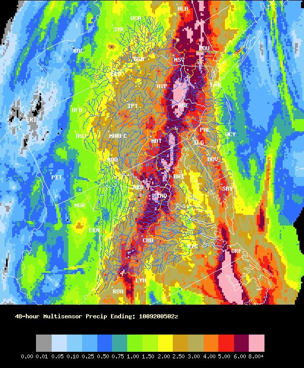 20 years ago, the remnants of T.S. Tammy interacted with a cold front over PA, which led to 2-5" of rain falling over most of the state. The most rain was observed in a long northeast-southwest strip near Lancaster, where 8-12" of rain fell. Image source from NWS State College.